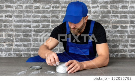 A skilled worker is installing shelves in a stylish room. He kneels on a wooden floor and uses tools from a black toolbox 132055792