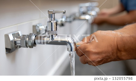 A person is fixing a water heater at home, carefully using a wrench to secure connections and ensure proper function of the unit 132055798