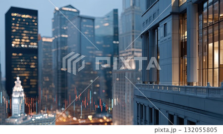 Financial data visuals overlay a city skyline at dusk, highlighting market growth along the waterfront as day transitions to night 132055805