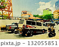 カンボジア・プノンペンの渋滞とサンヨンバン｜荷物を運ぶユニークな後輪高バンの水彩画 132055851