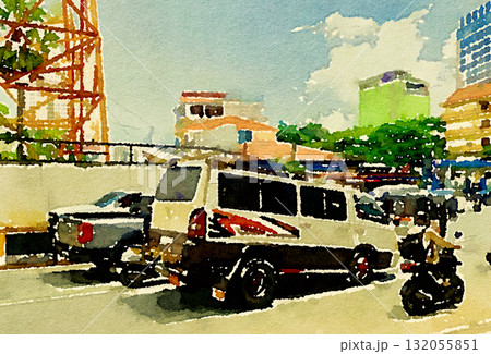カンボジア・プノンペンの渋滞とサンヨンバン｜荷物を運ぶユニークな後輪高バンの水彩画 132055851