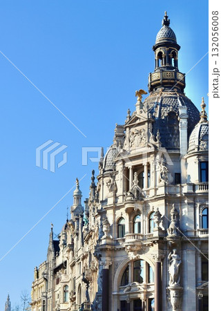 Antwerp architecture with intricate details, ornate facades, and a dominant dome against a clear blue sky 132056008