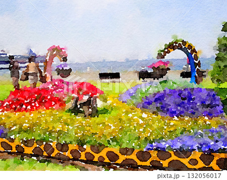 横浜・山下公園のカラフルな花々｜春の彩りと癒しを感じる風景写真 132056017