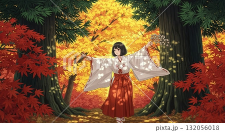 紅葉が舞う!朱色の鳥居の下を歩く巫女の幻想的な日本の秋 紅葉が舞う!朱色の鳥居の下を歩く巫女の幻想的な日本の秋 132056018