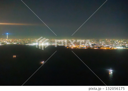 飛行機の窓の外から見るTDRと東京スカイツリー 132056175
