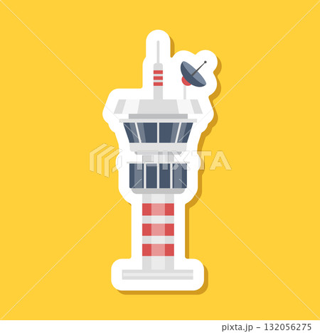 Flight control tower sticker icon in flat style. Navigation monitor vector illustration on isolated background. Airport building sign business concept. 132056275