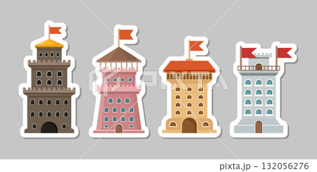 Castle tower sticker icon in flat style. Medieval citadel vector illustration on isolated background. Stronghold building sign business concept. 132056276
