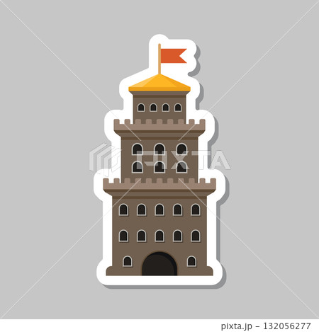 Castle tower sticker icon in flat style. Medieval citadel vector illustration on isolated background. Stronghold building sign business concept. 132056277