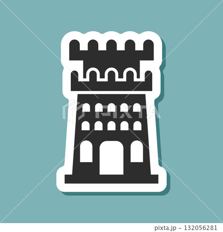 Castle tower sticker icon in flat style. Medieval citadel vector illustration on isolated background. Stronghold building sign business concept. 132056281