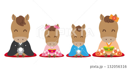 着物姿のかわいい干支シリーズ 午年/主線なし 和装で正座でご挨拶をする家族_にっこり目(笑顔) 着物姿のかわいい干支シリーズ 午年/主線なし 和装で正座でご挨拶をする家族_にっこり目(笑顔) 132056316