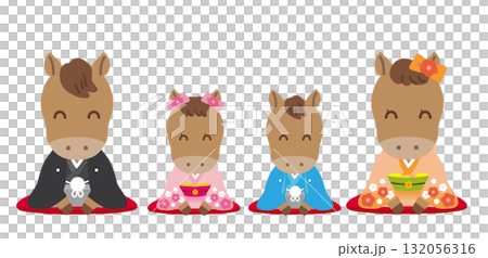 着物姿のかわいい干支シリーズ 午年/主線なし 和装で正座でご挨拶をする家族_にっこり目(笑顔) 着物姿のかわいい干支シリーズ 午年/主線なし 和装で正座でご挨拶をする家族_にっこり目(笑顔) 132056316