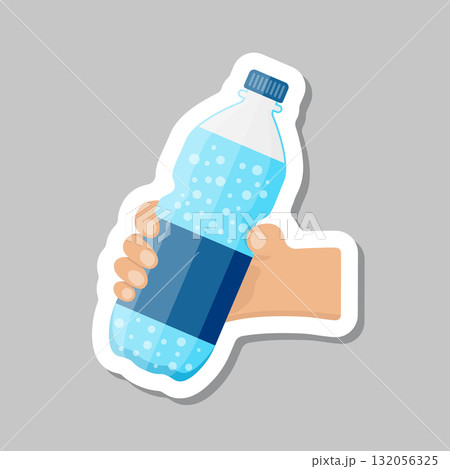 Hand holding soda drink sticker icon in flat style. Plastic bottle vector illustration on isolated background. Water beverage sign business concept. Hand holding soda drink sticker icon in flat style. Plastic bottle vector illustration on isolated background. Water beverage sign business concept. 132056325