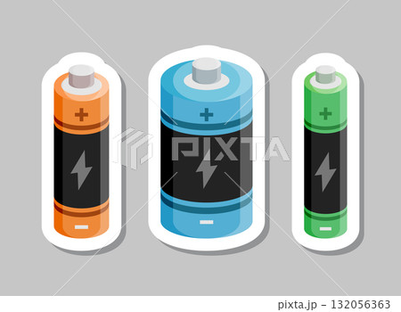 Alkaline battery sticker set icon in flat style. Different size accumulator vector illustration on isolated background. Accumulator recharge sign business concept. 132056363