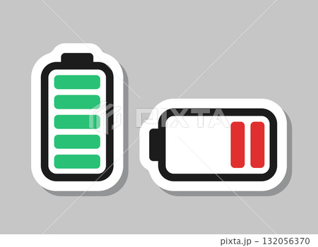 Alkaline battery sticker icon in flat style. Different size accumulator vector illustration on isolated background. Accumulator recharge sign business concept. 132056370