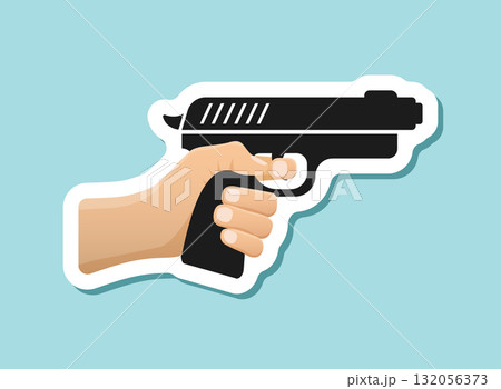 Hand holding pistol gun sticker icon in flat style. Firearm symbol vector illustration on isolated background. Rifle ammo sign business concept. 132056373