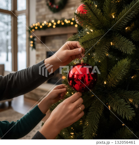 woman decorates a Christmas tree with a large red ornament in a cozy living room with a fireplace 132056461
