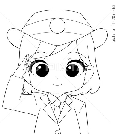 長袖の制服を着た女性駅員のかわいい白黒イラスト 132056463
