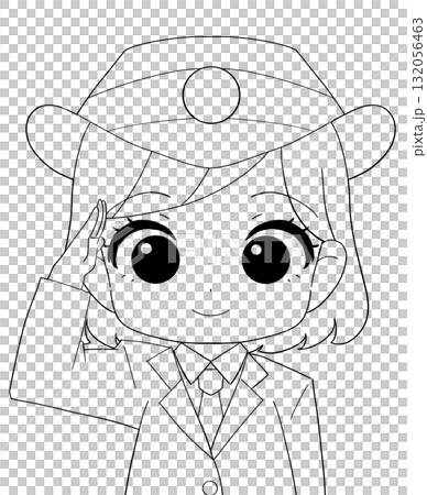 長袖の制服を着た女性駅員のかわいい白黒イラスト 132056463