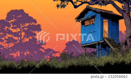 Colorful blue treehouse stands against a vibrant sunset in a quiet natural setting 132056662