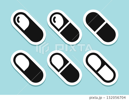 Pills capsules sticker icon set collection in flat style. Medical tablet vector illustration on isolated background. Healthcare drug sign business concept. Pills capsules sticker icon set collection in flat style. Medical tablet vector illustration on isolated background. Healthcare drug sign business concept. 132056704