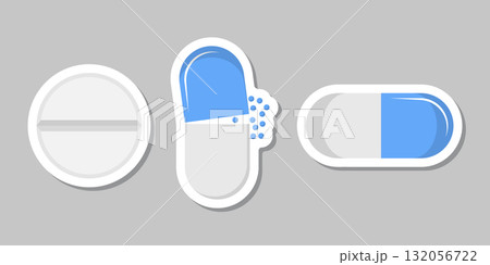 Pills capsules sticker icon set collection in flat style. Medical tablet vector illustration on isolated background. Healthcare drug sign business concept. Pills capsules sticker icon set collection in flat style. Medical tablet vector illustration on isolated background. Healthcare drug sign business concept. 132056722