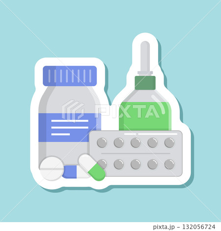Pills capsules sticker icon set collection in flat style. Medical tablet vector illustration on isolated background. Healthcare drug sign business concept. 132056724