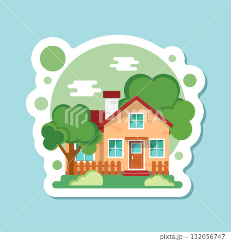 House icon sticker in flat style. Home vector illustration on isolated background. Apartment building sign business concept. 132056747