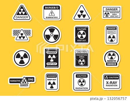Radioactive material icon set sticker collection in flat style. Radiation danger vector illustration on isolated background. Caution sign business concept. Radioactive material icon set sticker collection in flat style. Radiation danger vector illustration on isolated background. Caution sign business concept. 132056757