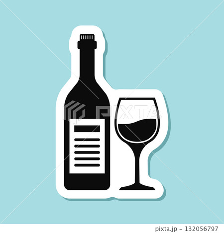 Wine bottle with glass sticker icon in flat style. Alcohol drink vector illustration on isolated background. Champagne beverage sign business concept. 132056797