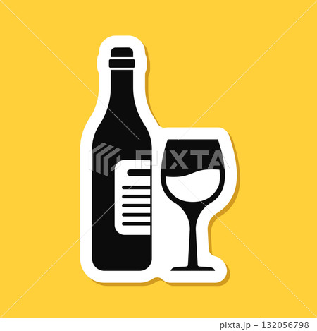 Wine bottle with glass sticker icon in flat style. Alcohol drink vector illustration on isolated background. Champagne beverage sign business concept. 132056798