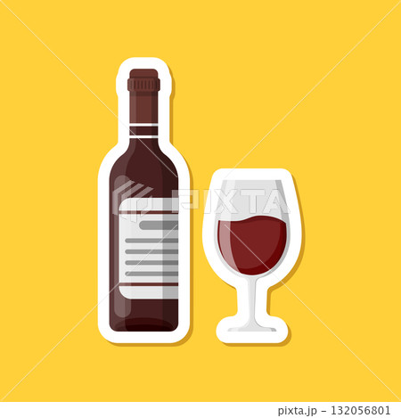 Wine bottle with glass sticker icon in flat style. Alcohol drink vector illustration on isolated background. Champagne beverage sign business concept. Wine bottle with glass sticker icon in flat style. Alcohol drink vector illustration on isolated background. Champagne beverage sign business concept. 132056801