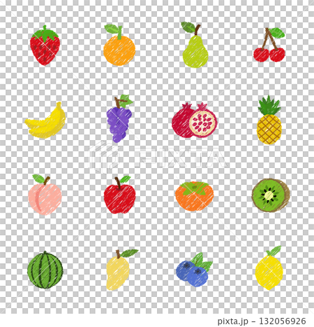 果物のアイコンのセット　フルーツのベクターイラスト　手描き風 132056926
