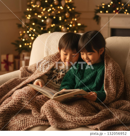brother and sister reading a book under a cozy blanket near a christmas tree on a winter evening 132056952