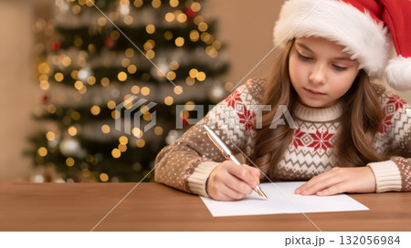 girl in santa hat and sweater writing a letter with blurred christmas tree and bokeh light girl in santa hat and sweater writing a letter with blurred christmas tree and bokeh light 132056984