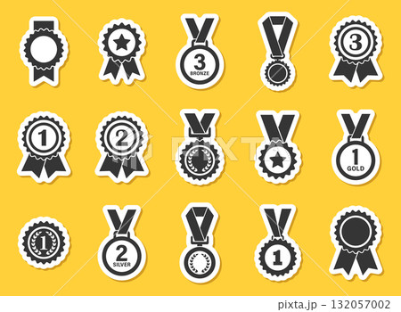 Gold, silver, bronze medals sticker icons set in flat style. Trophy award vector illustration on isolated background. Winner sign business concept. Gold, silver, bronze medals sticker icons set in flat style. Trophy award vector illustration on isolated background. Winner sign business concept. 132057002