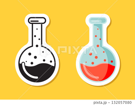 Science lab bottle sticker icon in flat style. Laboratory glassware equipment vector illustration on isolated background. Test tube sign business concept. 132057080
