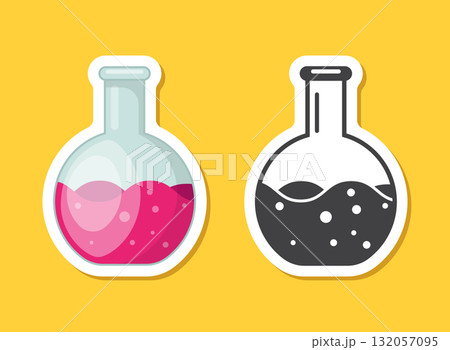 Science lab bottle sticker icon in flat style. Laboratory glassware equipment vector illustration on isolated background. Test tube sign business concept. 132057095