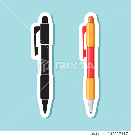 Ballpoint pen sticker icon in flat style. Office tool vector illustration on isolated background. School equipment sign business concept. Ballpoint pen sticker icon in flat style. Office tool vector illustration on isolated background. School equipment sign business concept. 132057117
