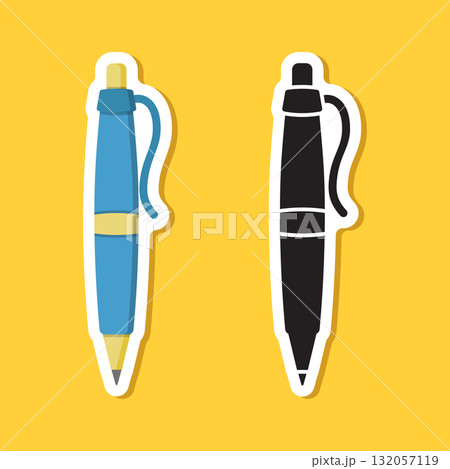 Ballpoint pen sticker icon in flat style. Office tool vector illustration on isolated background. School equipment sign business concept. Ballpoint pen sticker icon in flat style. Office tool vector illustration on isolated background. School equipment sign business concept. 132057119
