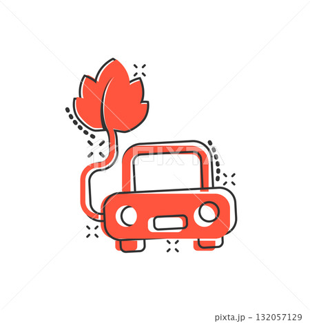 Eco car icon in comic style. Leaf and auto cartoon vector illustration on white isolated background. Bio charging splash effect sign business concept. 132057129