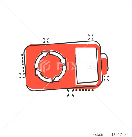 Battery icon in comic style. Accumulator cartoon vector illustration on white isolated background. Energy charger splash effect business concept. Battery icon in comic style. Accumulator cartoon vector illustration on white isolated background. Energy charger splash effect business concept. 132057189