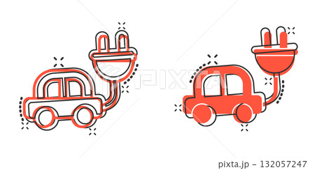 Electric car icon in comic style. Electro auto cartoon vector illustration on white isolated background. Ecology transport splash effect business concept. 132057247