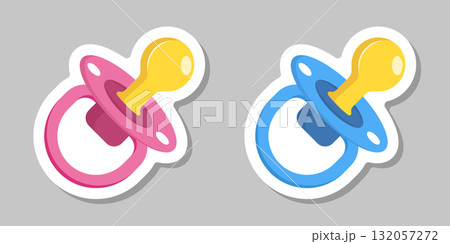 Baby pacifier sticker icon in flat style. Nipple for newborn child vector illustration on isolated background. Soother sign business concept. 132057272