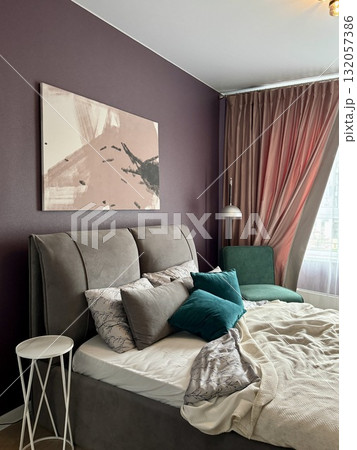 a modern bedroom in a stylish interior of a new apartment with designer renovation a modern bedroom in a stylish interior of a new apartment with designer renovation 132057386