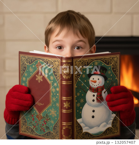 boy in red mittens reading a book about a snowman by the fireplace 132057407
