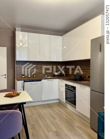 new stylish kitchen set in a modern apartment interior new stylish kitchen set in a modern apartment interior 132057471