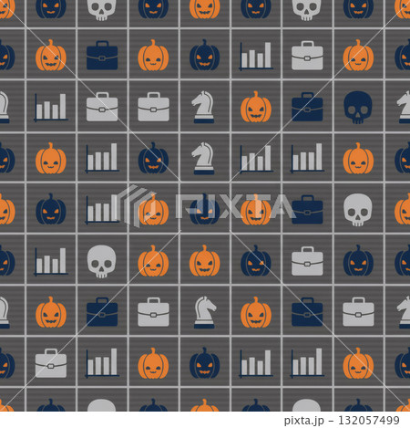 business halloween pattern: pumpkins, briefcases, charts, chess pieces, skulls on gray background 132057499