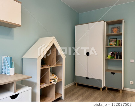 a modern children's room in a stylish interior of a new apartment in bright colors a modern children's room in a stylish interior of a new apartment in bright colors 132057505