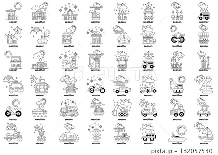 set of illustrations in the concept of vehicles in various weather conditions in line art style 132057530
