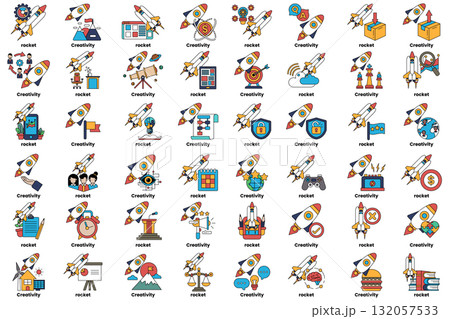 set of illustrations in the concept of rockets and various objects in line art style 132057533